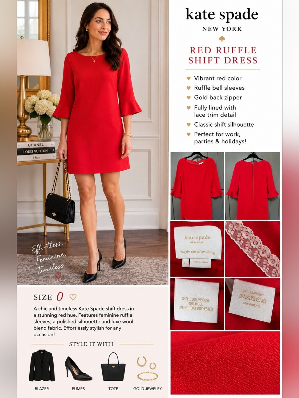 Kate Spade New York Red Wool Blend Ruffle Sleeve Shift Dress Size 0